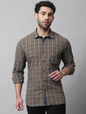 Cantabil Cotton Checkered Khaki Full Sleeve Casual Shirt for Men with Pocket