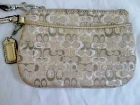 COACH Mini Jacquard Canvas Leather Wristlet Purse Wallet Clutch GOLD