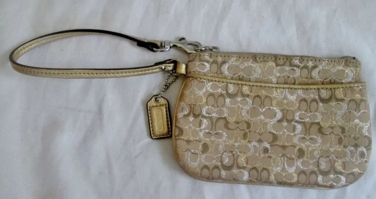 COACH Mini Jacquard Canvas Leather Wristlet Purse Wallet Clutch GOLD