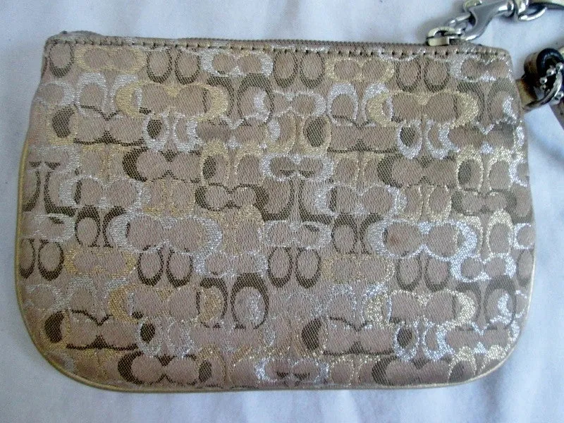 COACH Mini Jacquard Canvas Leather Wristlet Purse Wallet Clutch GOLD