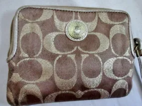 COACH Mini Signature C Canvas Leather Change Purse Wallet Wristlet GOLD Organizer