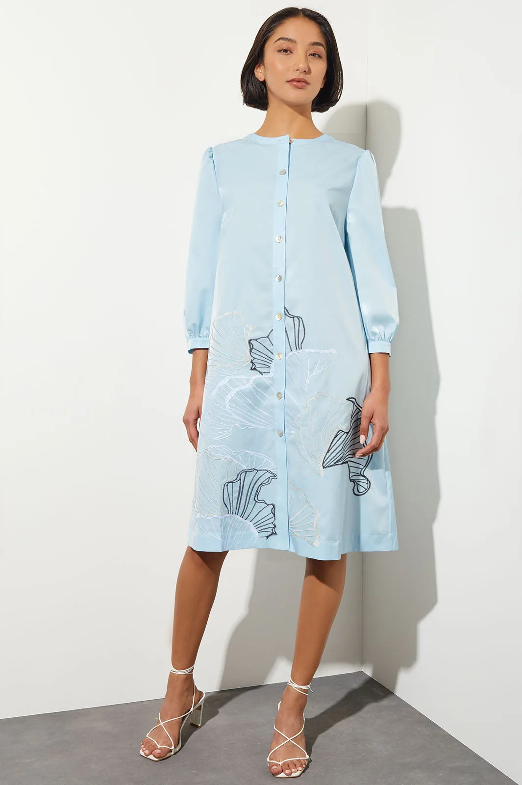 Floral Embroidered Button-Front Stretch Cotton Shirt Dress, Haze