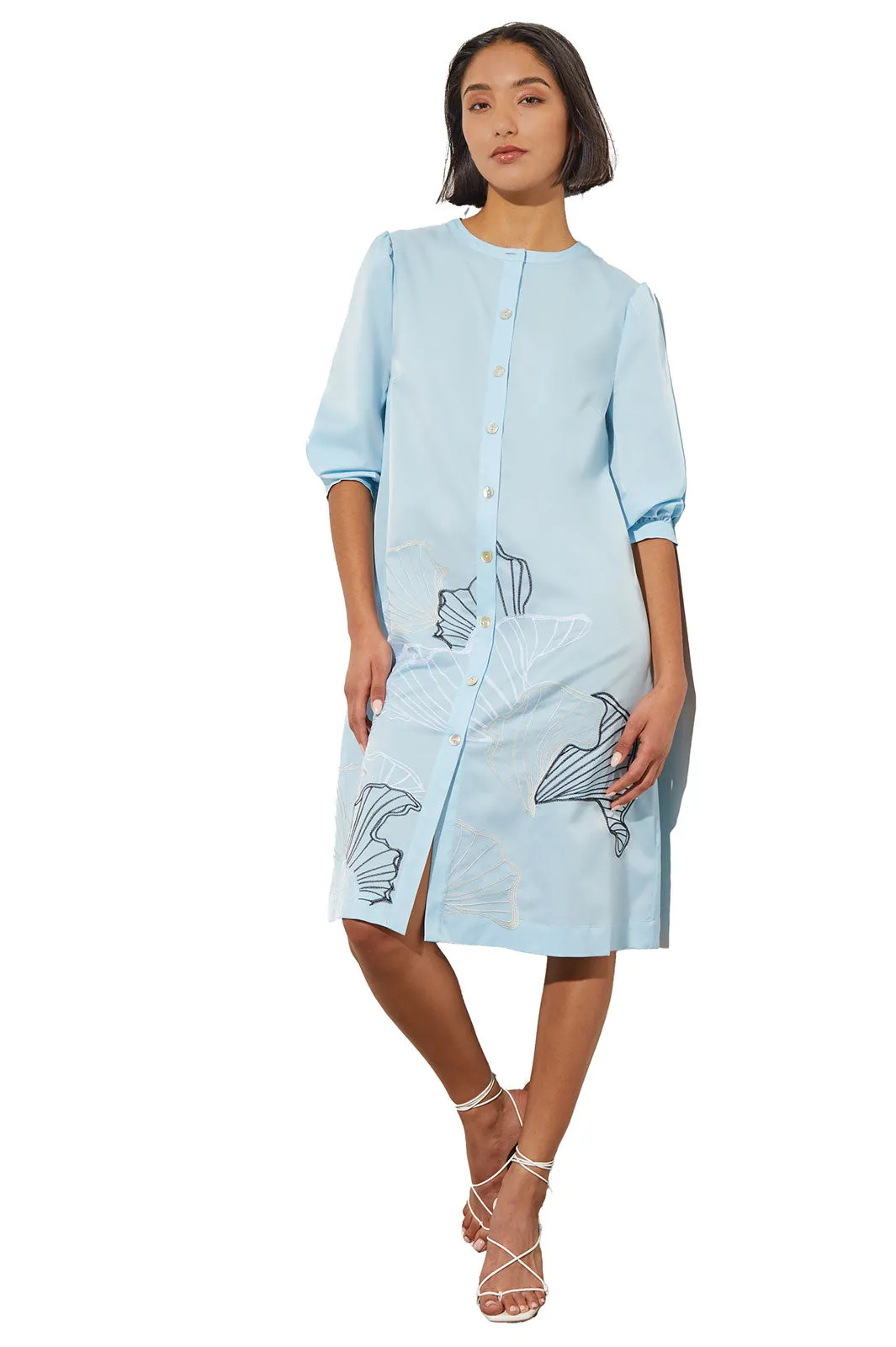 Floral Embroidered Button-Front Stretch Cotton Shirt Dress, Haze