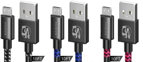 PS4 Controller Charger Charging Cable 10ft 2 Pack Nylon Braided Extra Long Micro USB 2.0 High Speed Data Sync Cord BOLT AXTION