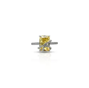 Silver Center Yellow Gem Stone with Binding Thread Desing Ring for Girls