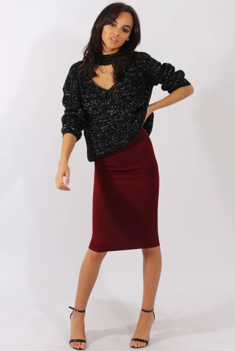 Wine Ribbed High Waisted Midi Skirt - Della