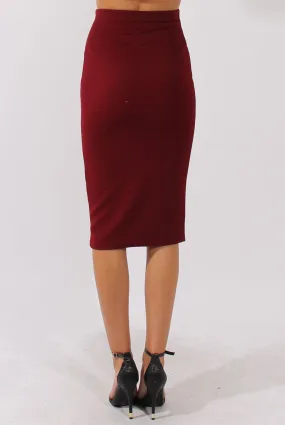 Wine Ribbed High Waisted Midi Skirt - Della